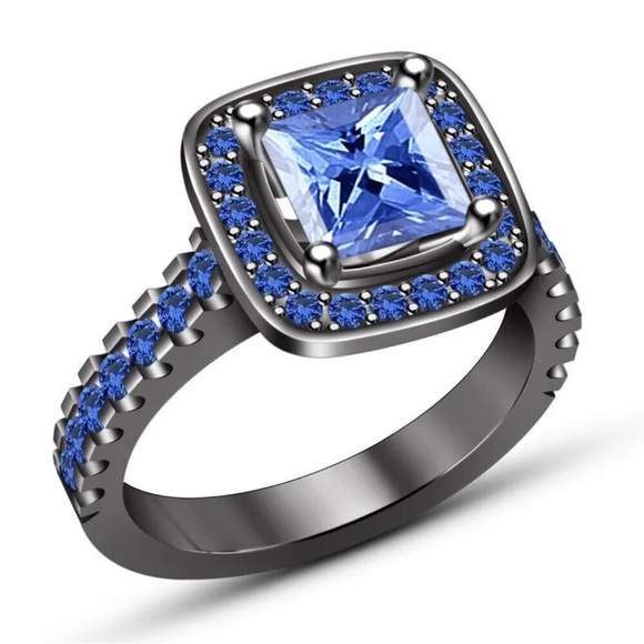 Princess Blue Square Zircon Black Ring Jewelry Gift Size 7 - Picture 6 of 8